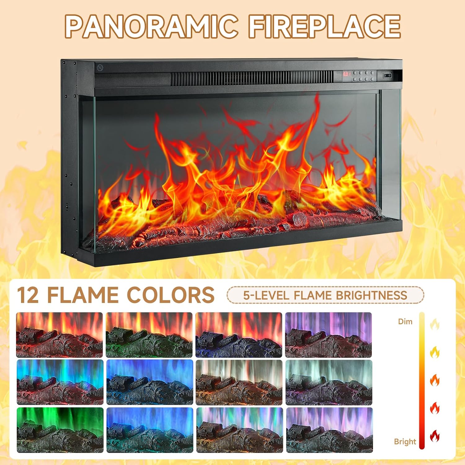 ROCKPOINT 3 Sided Glass 70' Fireplace TV Stand for TVs up to 80inch, Media Entertainment Center with Glass Door Storage Cabinet,36' Electric Fireplace with LED Light and Flame Colors,Grey