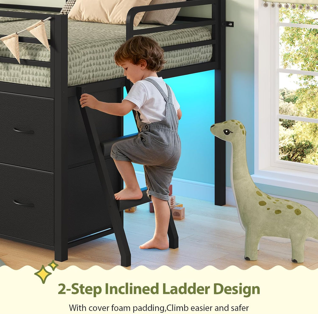 UPOSOJA Twin Size Low Loft Bed with RGB Lights & Play Zone, 8 XL Drawers, Kids Play Loft Bed with 2-Step Ladder & Anti-Tip Kit (Black)