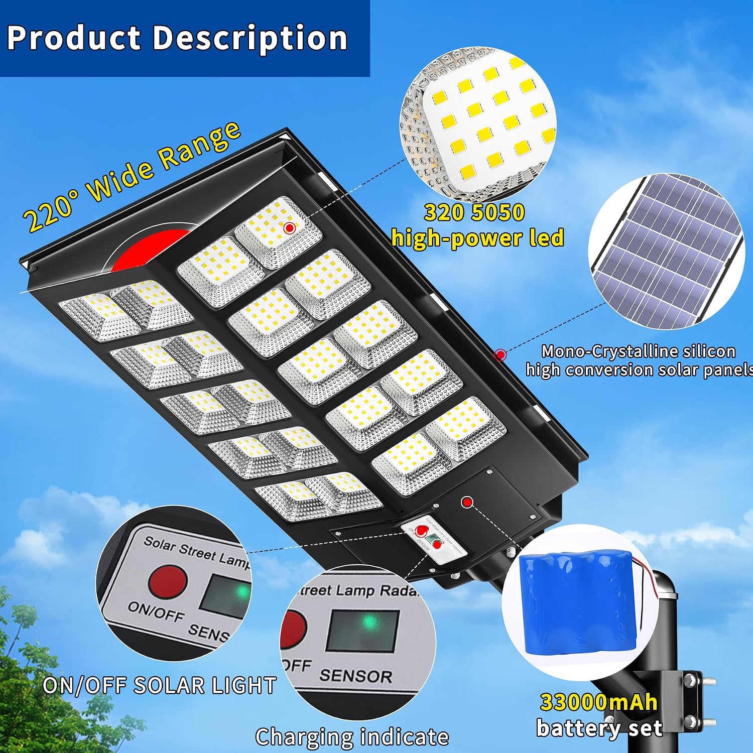 Ofuray Solar Street Lights Outdoor,Solar Security Flood Lights Parking Lot Lights Commercial Dusk to Dawn, 6500k Waterproof Led with Remote Control Motion for Street,Court,Barn (Of-6000W 600000Lm)