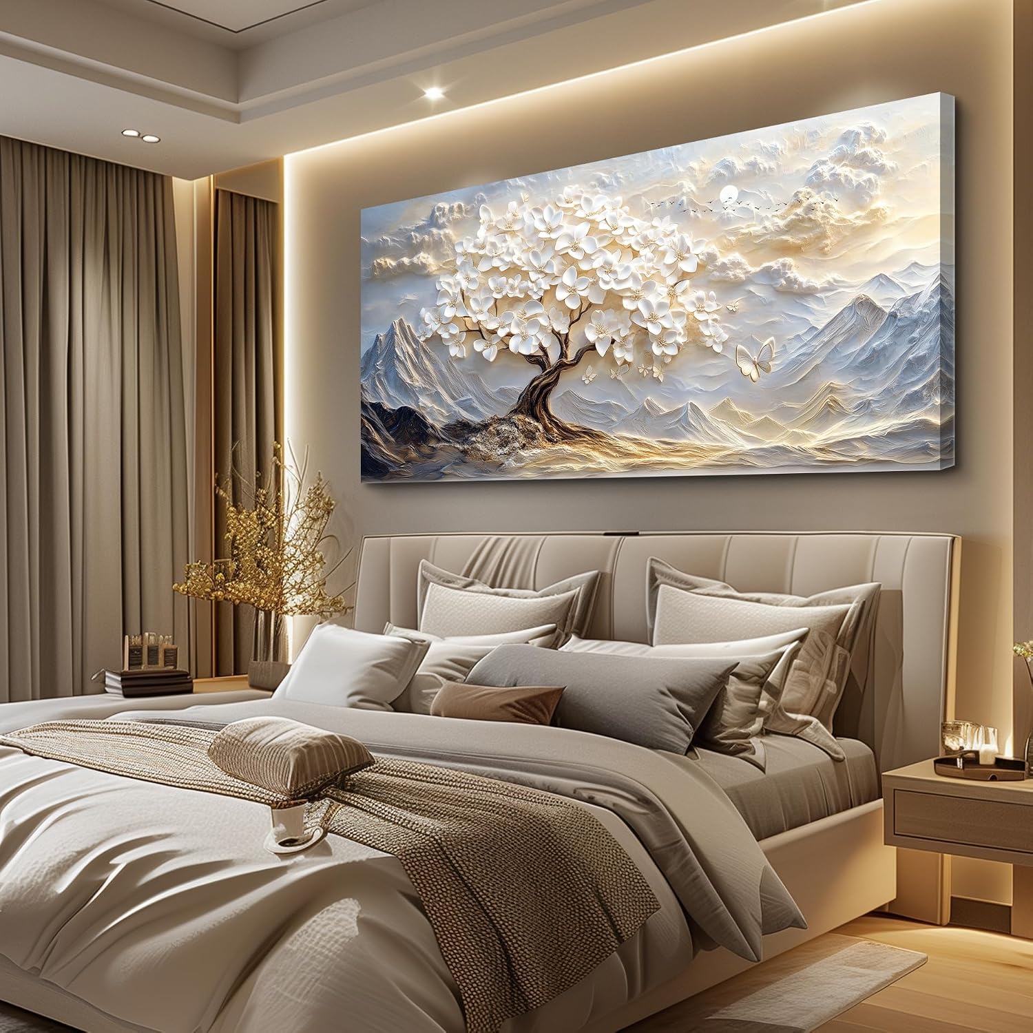 JUDASJART Canvas Wall Art For Living Room Large Wall Decor For Office Bedroom Decorations White Blossom Tree Landscape Pictures Abstract Painting Artwork Room Wall Mural Aesthetic Home Decor 30x60 In