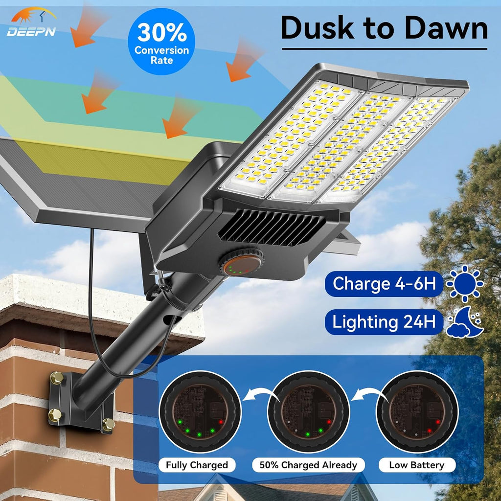 Deepn Solar Street Lights 10000W Commercial Grade Aluminum Parking Lot Lights LED Security Flood Light with Motion Sensor & Dusk to Dawn, Solar Lights Outdoor Waterproof for Outside, SZ3000, 2 Pack