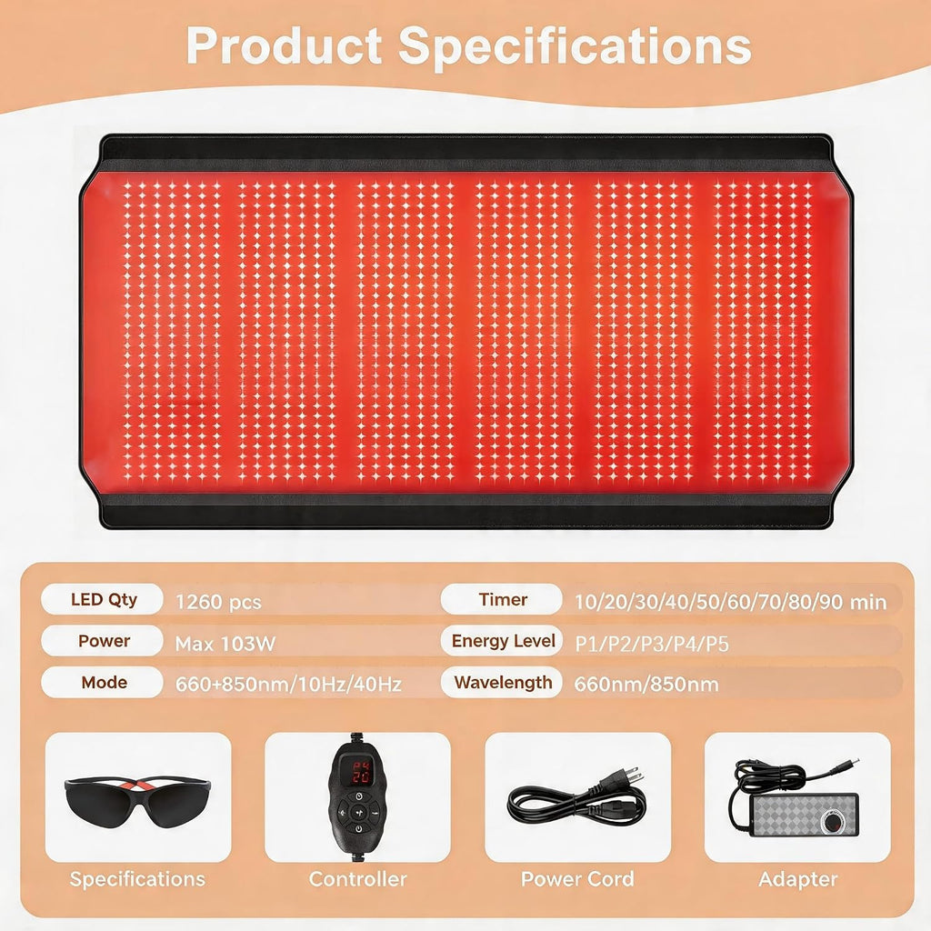 Red Light Therapy for Body, 74.8'*35.4' Whole Red Light Therapy Mat Full Body, 1260 LEDs redlight mat with 660nm & 850nm for Men, Women, Pets