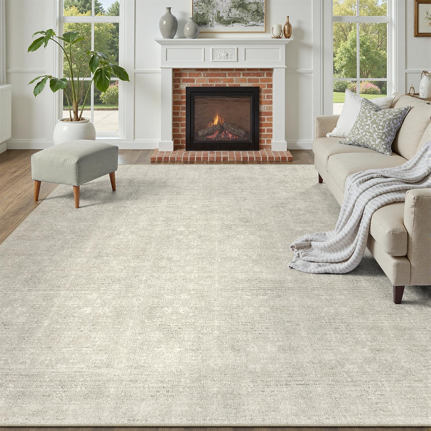 DCX 9x12 Beige Rug, Kid & Pet Friendly with Rubber Back Non Slip, Machine Washable Stain Resistant Neutral Floral Rug for Living Room, Bedroom, Home Office, Soft Low Pile Large Nursery Carpet