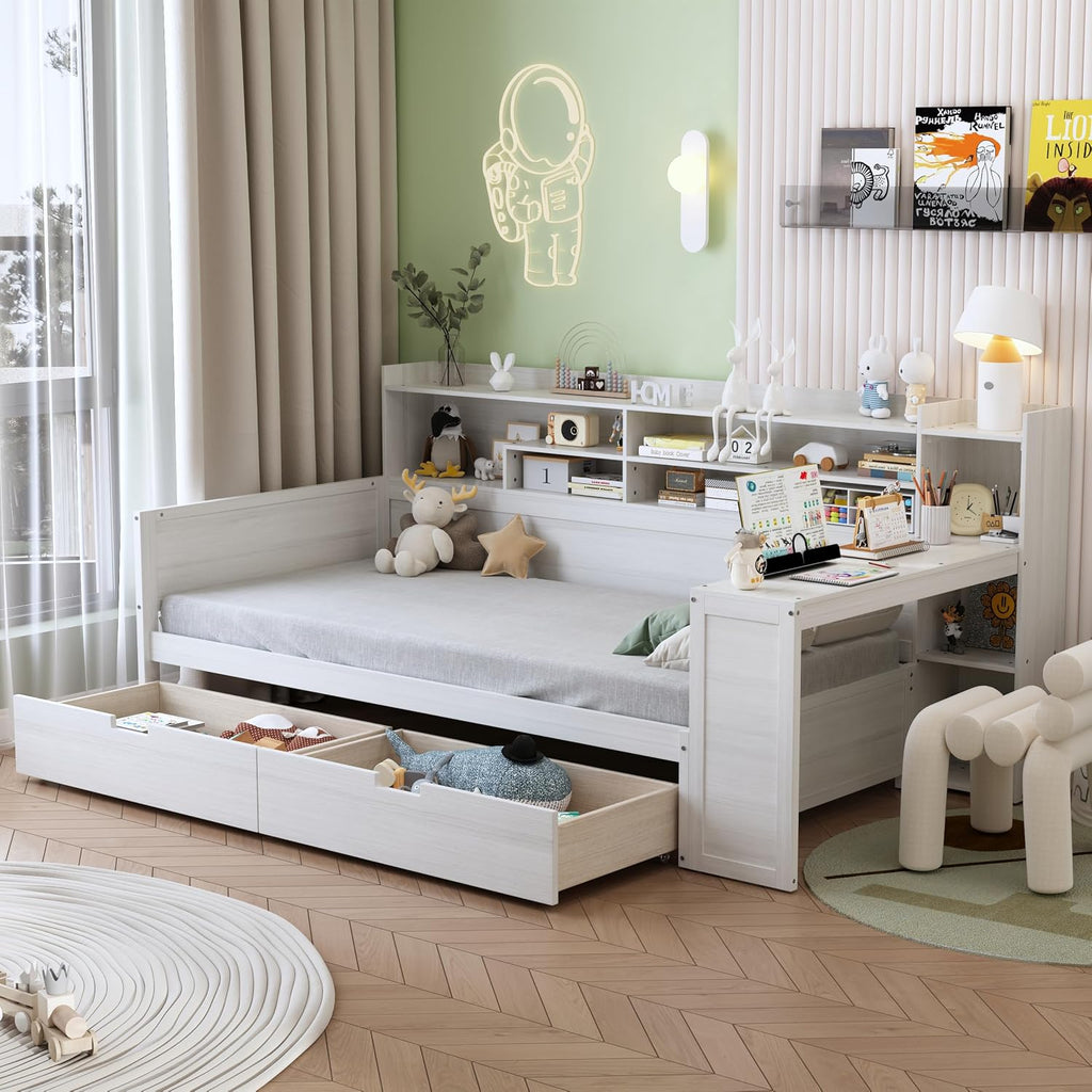 Mirightone Corner Twin Bed Frame with Bookcase Storage and Desk, Wood Day Beds with 2 Drawers, Twin Size Daybed with Storage for Living Room,Bedroom & Guest Room, White