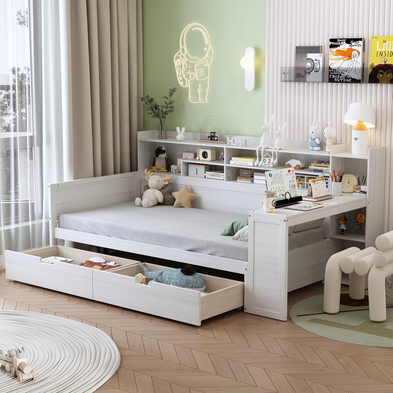 Mirightone Corner Twin Bed Frame with Bookcase Storage and Desk, Wood Day Beds with 2 Drawers, Twin Size Daybed with Storage for Living Room,Bedroom & Guest Room, White