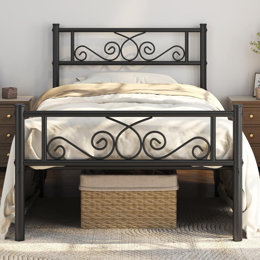 Yaheetech 2 Pcs Classic Metal Platform Bed Frame with Headboard and Footboard Flower Design Mattress Foundation Easy Set Up Structure Twin Size Black
