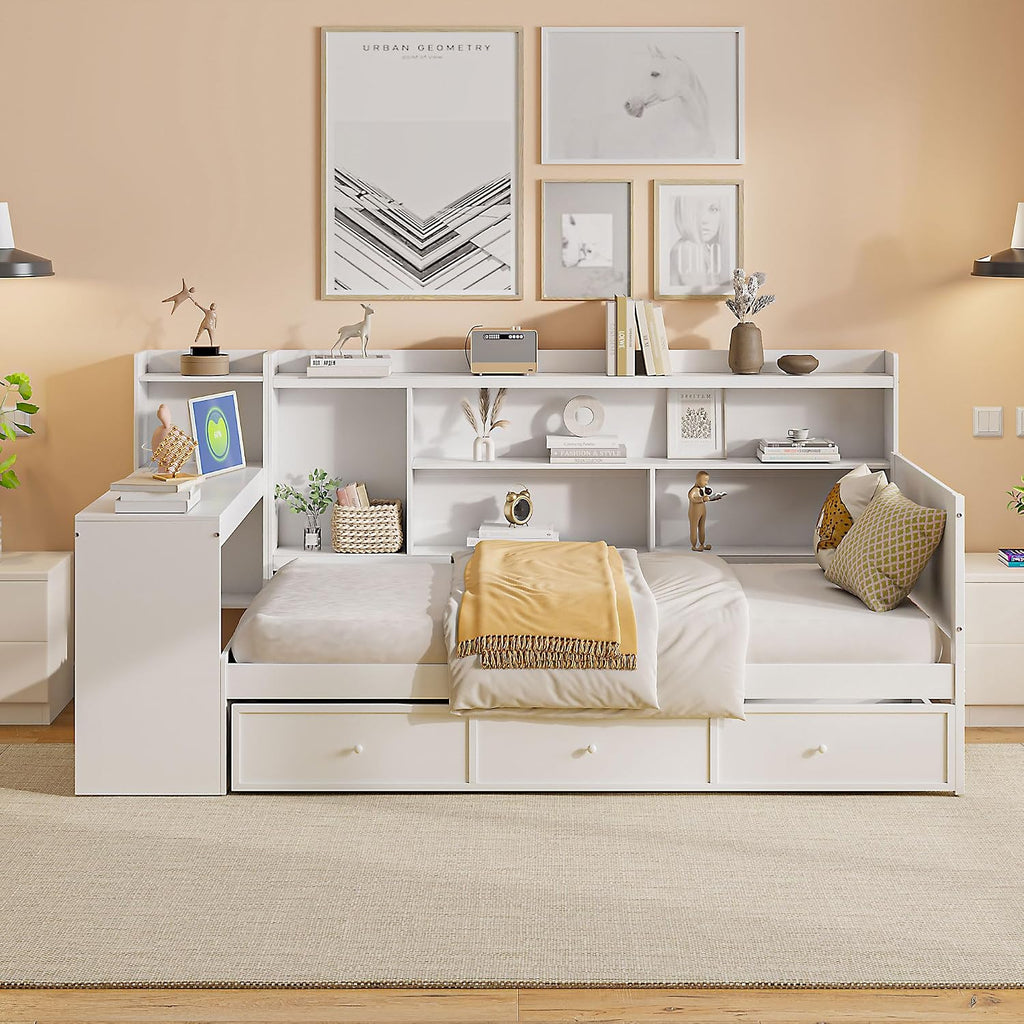 Twin Size Daybed with Storage Shelves and Study Desk, Wooden Daybed Sofa Bed Frame with 3 Drawers and USB Ports for Office Living Room Bedroom, Maximize Space (White-23U)