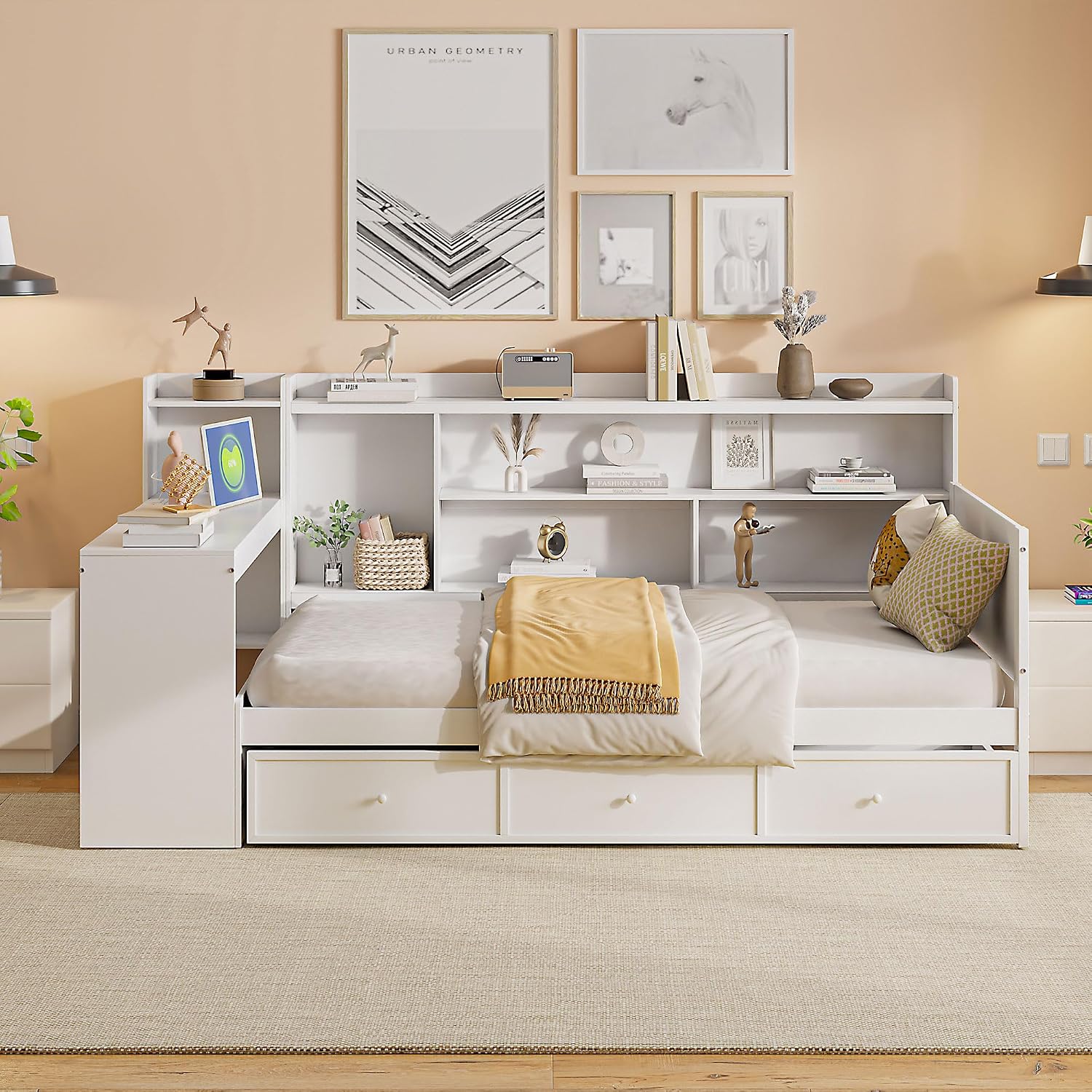 Twin Size Daybed with Storage Shelves and Study Desk, Wooden Daybed Sofa Bed Frame with 3 Drawers and USB Ports for Office Living Room Bedroom, Maximize Space (White-23U)