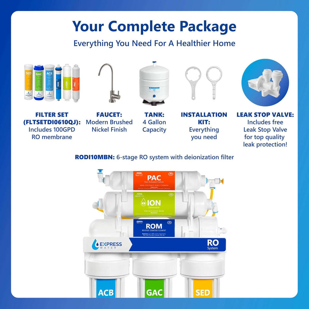 Express Water Reverse Osmosis Deionization Water Filtration System – 6 Stage RO System with Faucet and Tank – Under Sink Water Filter – with Deionization Water Filter – 100 GPD