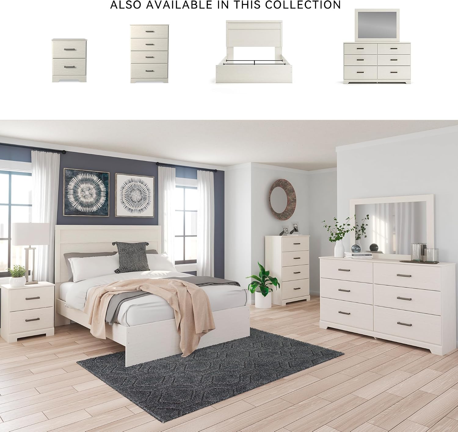 Signature Design by Ashley Stelsie Vintage Queen Panel Bed with Metal Slats, Foundation or Box Spring Needed, White
