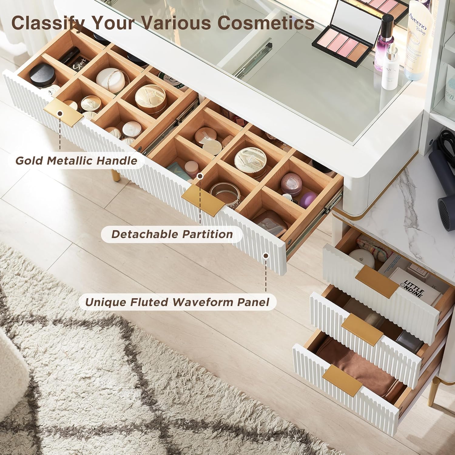 T4TREAM Fluted Makeup Vanity Desk with 36' HD Lighted Mirror, 48' Big Modern Vanity Desk with Mirror and Lights, Dressing Table with 5 Drawers & Shelves, Glass Top for Bedroom (Off White)