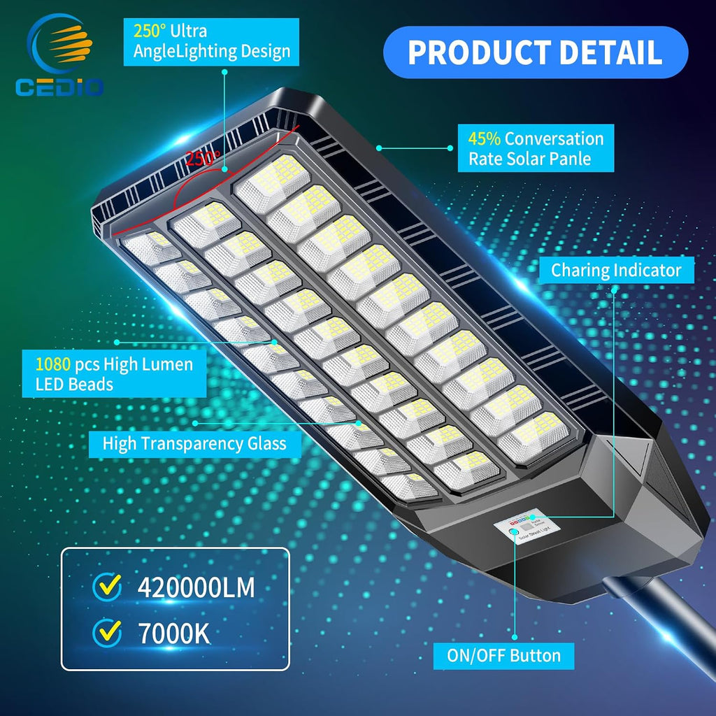 CEDIO 10000W Outdoor Solar Street Lights,Solar Lights IP66 Waterproof LED Street Light Dusk to Dawn,Flood Light with Motion Sensor for Yard (2PACK)