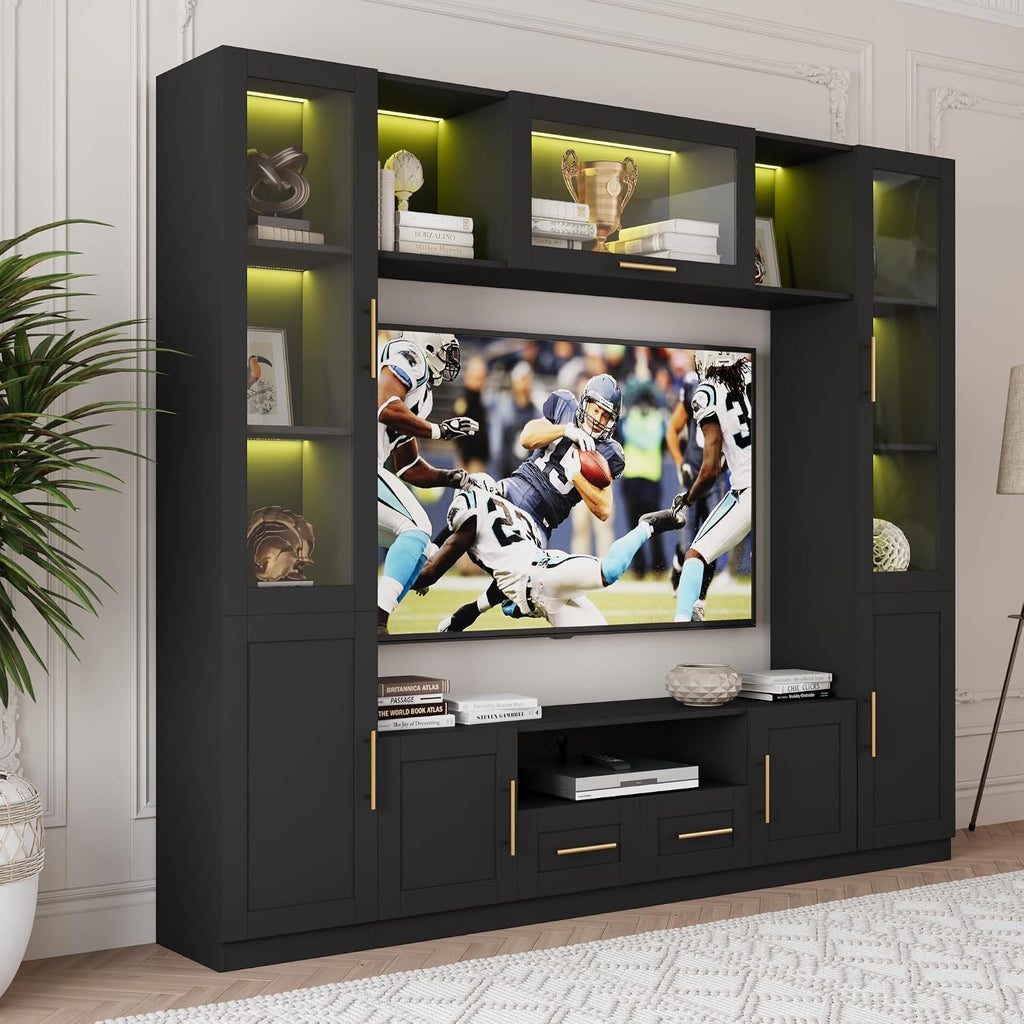 Bobve 94' Wall Unit Entertainment Center for TVs up to 70',Modern TV Console with APP LED Lights,Multifunctional TV Stand with Tempered Glass Door,Drawers & Shelves for Living Room,Black