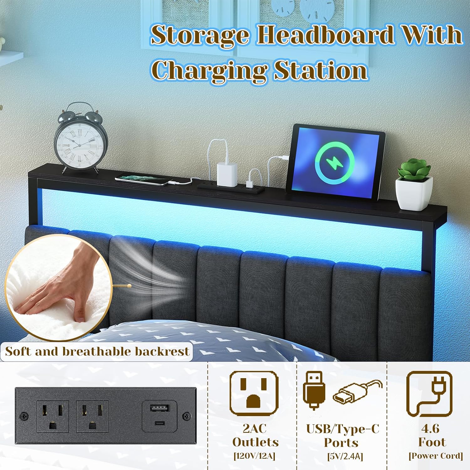 Full Bed Frame with Headboard, Sturdy Metal Bed Frame with Led Light&Charging Station, Bed Frame Full Size Noise-Free/AssemblyEasily, Double Bed Frame for Individual, Black Full Size Bed Frame