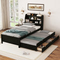 Merax Twin Size Bed Frame with Flip-Up Storage Headboard, Black Twin Bed with 3 Drawers and Trundle, Wooden Bed Frame Twin a Set of Sockets & USB Ports, No Box Spring Needed
