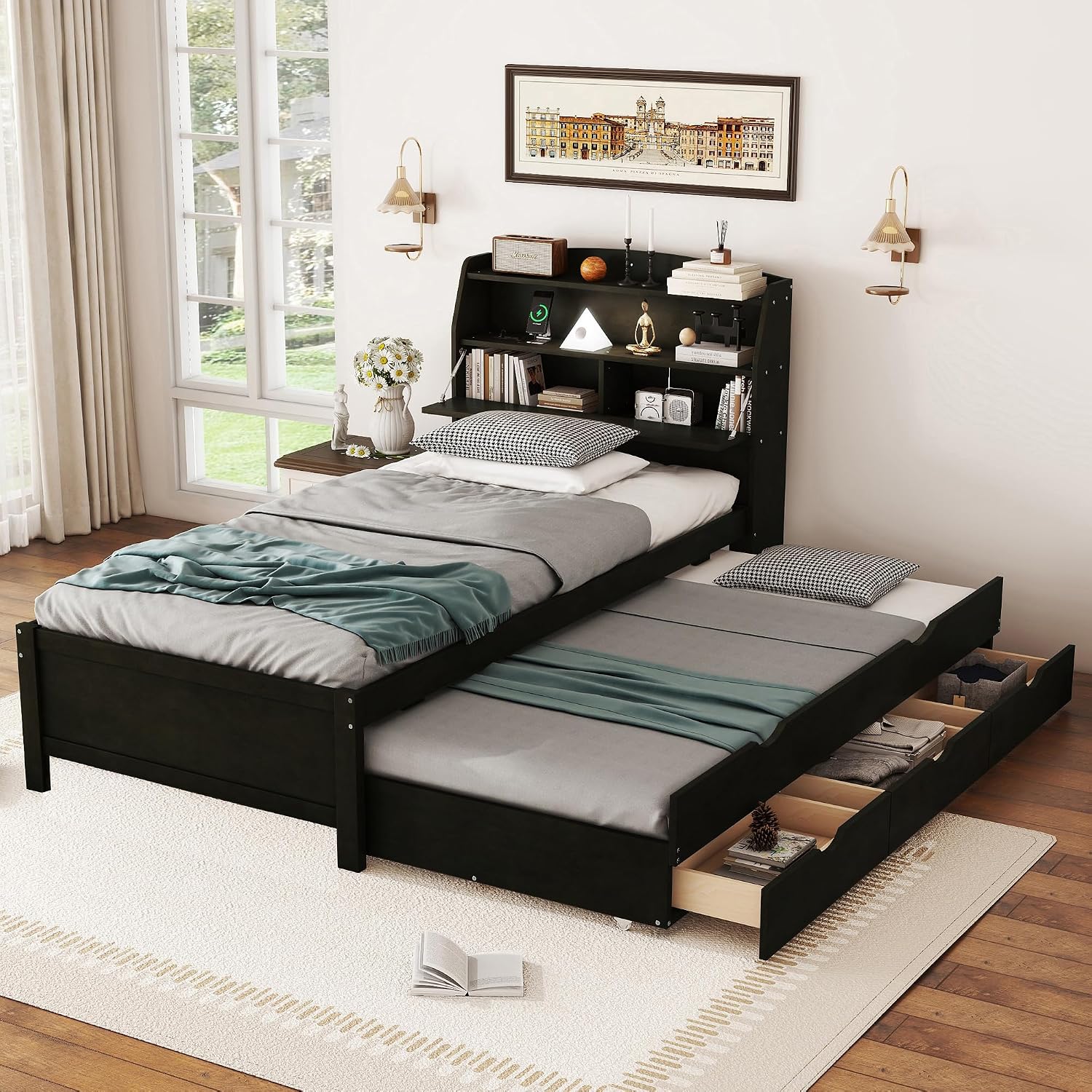 Merax Twin Size Bed Frame with Flip-Up Storage Headboard, Black Twin Bed with 3 Drawers and Trundle, Wooden Bed Frame Twin a Set of Sockets & USB Ports, No Box Spring Needed