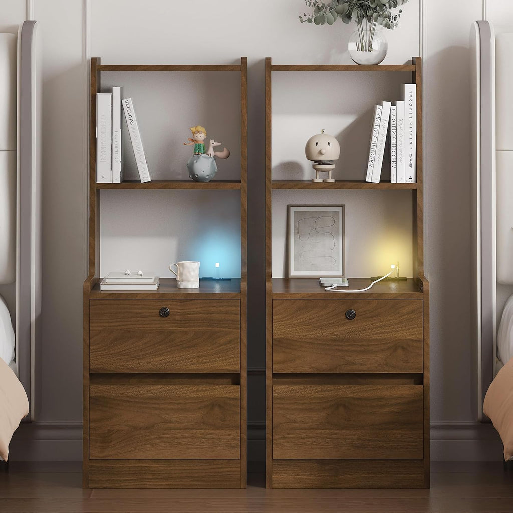 Gecheer Nightstands Set of 2 with Charging Station, Smart Nightstand with Night Light & Bookshelf, Modern Farmhouse Bedside Tables, Wooden Storage Cabinets for Bedroom, Living Room, Corridor