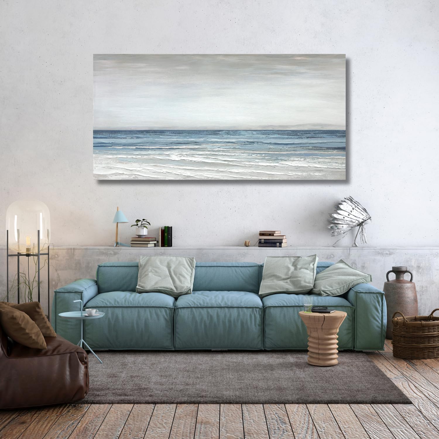 TRAIN2 ART Abstract Wall Art Painting Wall Decor Large Artwork Textured Blue and White Sea Background Canvas Wall Art for Living Room Bedroom Home Decor 28'x57'