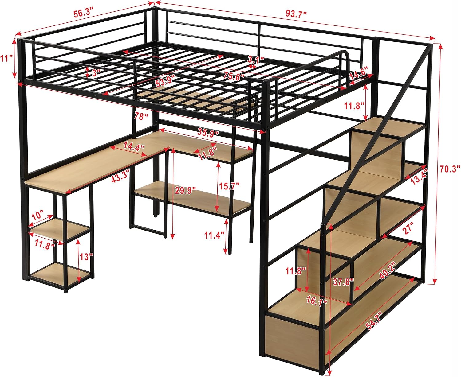 JIVOIT Metal Loft Bed with Storage Staircase, Full Size Loft Bed with Built-in Desk and 3-Tier Storage Shelves, Space-Saving 3 in 1 Design Metal Loft Bed with Guardrails, No Box Spring Needed