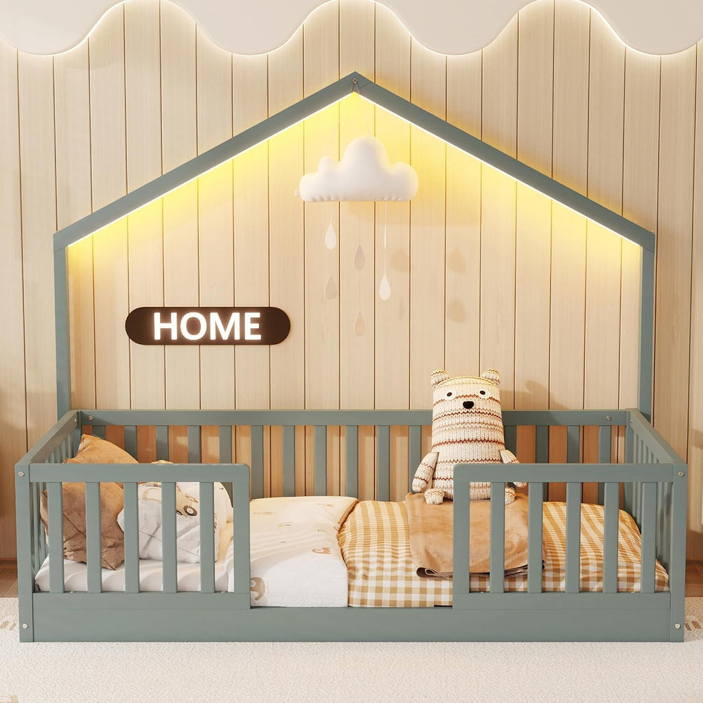Twin Montessori Floor Bed with High Rails, Wooden Montessori House Bed Twin with Light & Slats, Low Profile Beds for Kids Girls Boys, Gray