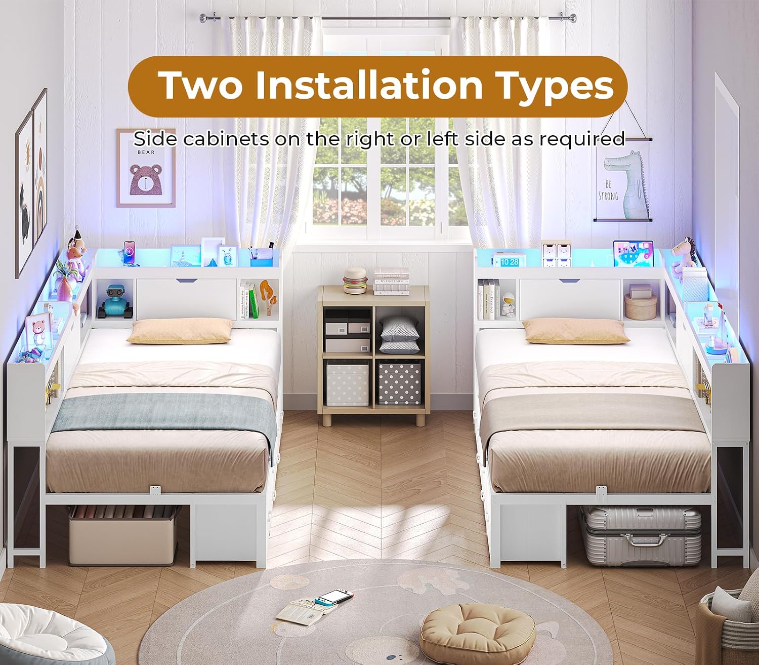 AOGLLATI Twin Corner Bed Frame with Bookcase and Hidden Storage & Metal Platform Twin Size Daybed with 6 Drawers,Charging Station, Led Lights- for Kids, Teens, White