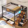 BTHFST Bunk Bed Full Over Full with Stairs, LED Lights Full Bunk Beds with 2 Storage Drawers & 6 Fabric Drawers, Metal Full Loft Beds with Safety Guardrail & Stairs, Space Saving, Rustic Brown