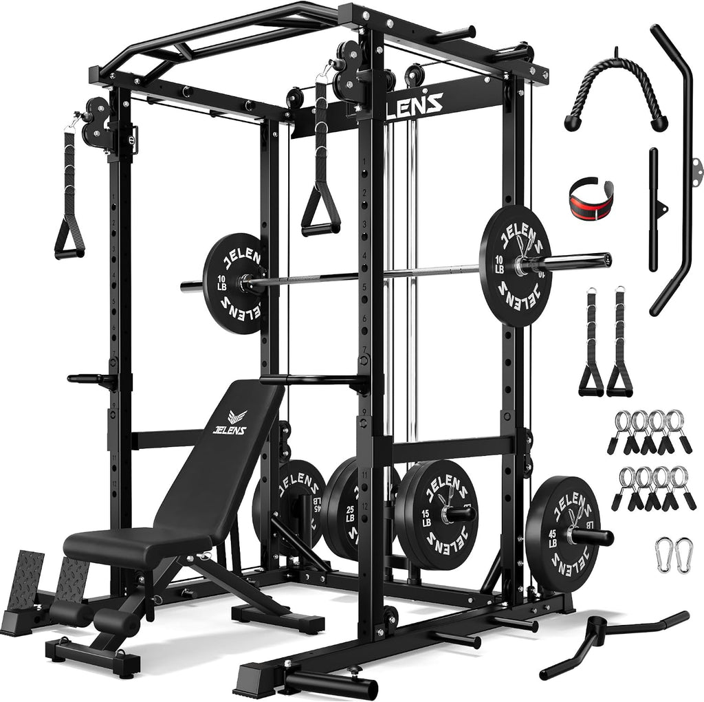 JELENS C12 Squat Rack for Home Gym, 2000LBS Power Rack with Adjustable Pulley System, Power Cage Workout Equipment with LAT Pulldown and Training Attachment
