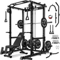 JELENS C12 Squat Rack for Home Gym, 2000LBS Power Rack with Adjustable Pulley System, Power Cage Workout Equipment with LAT Pulldown and Training Attachment