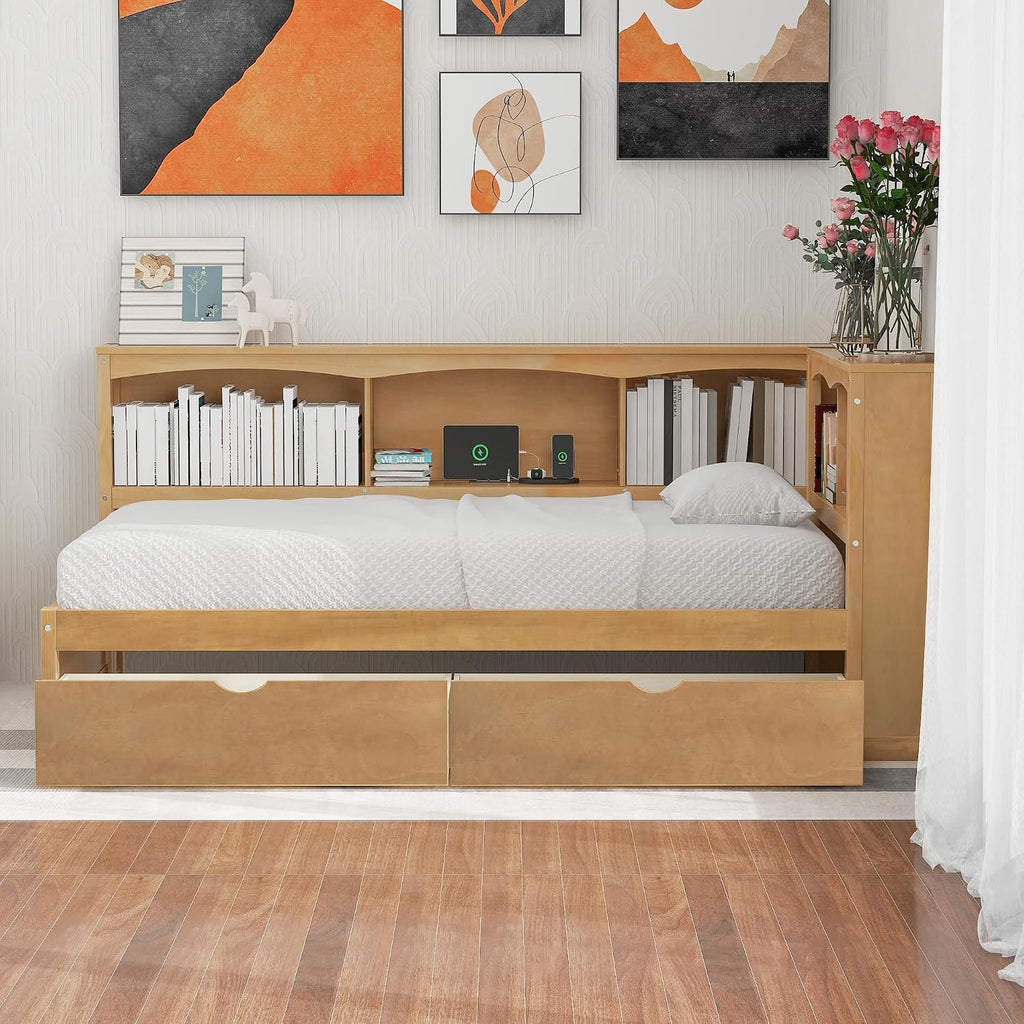 Modern Twin Size Daybed with 2 Storage Drawers, Multifunctional Solid Wood Sofa Bed Frame with Storage Cabinets, USB Portsand and Built-In Charging Station for Living Room,Guest Room (Wood-186J)