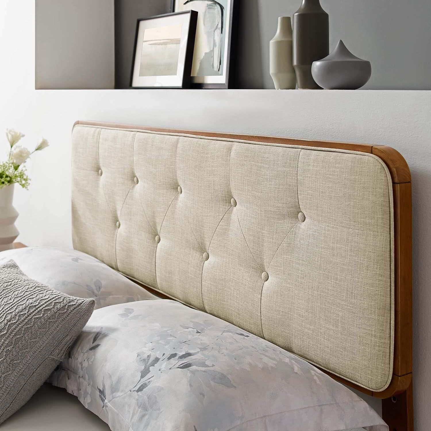 Modway MOD-6233-WAL-BEI Collins Tufted Full Fabric and Wood Headboard, Walnut Beige