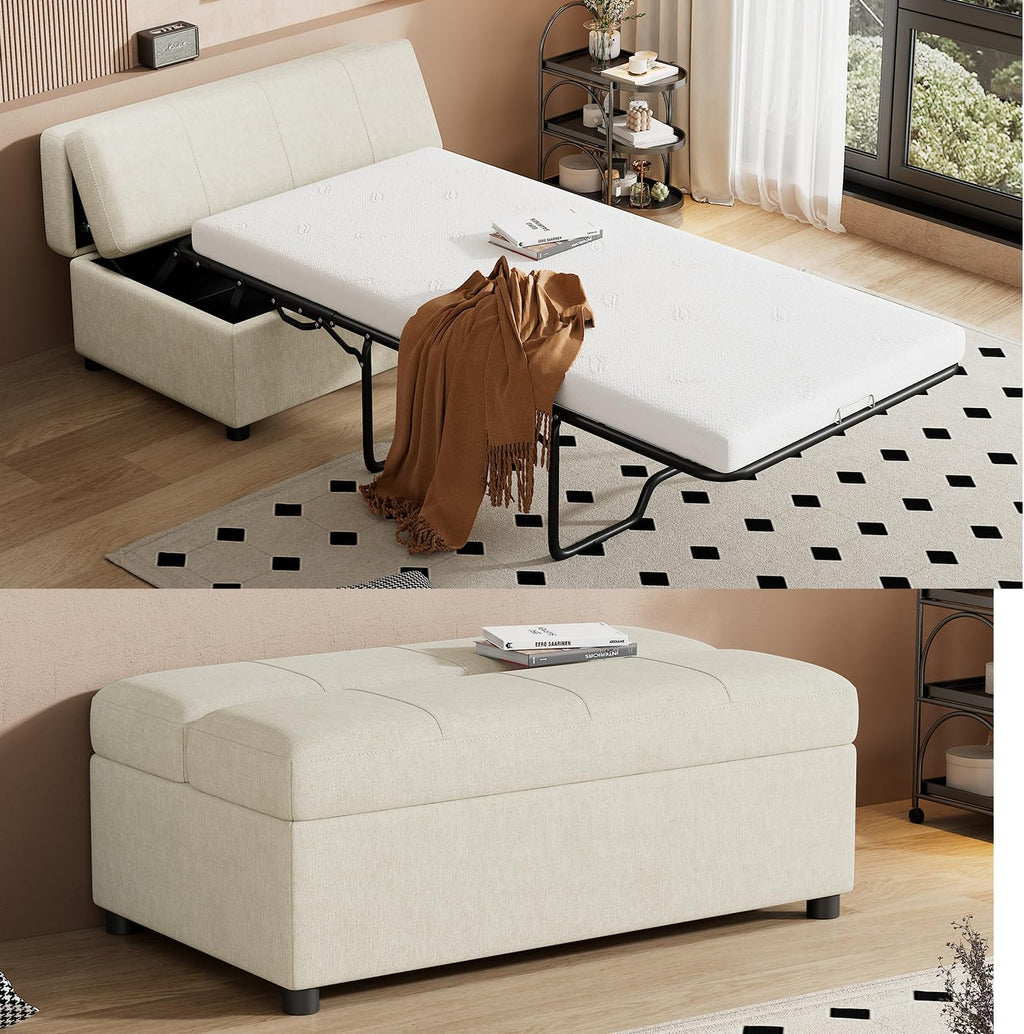 Folding Ottoman Sleeper Bed with Foldable Foam Mattress, Faux Leather Upholstered with Pull Out Bed and Steel Frame Base, Twin Size, for Living Room Bedroom Office (White Chenille)