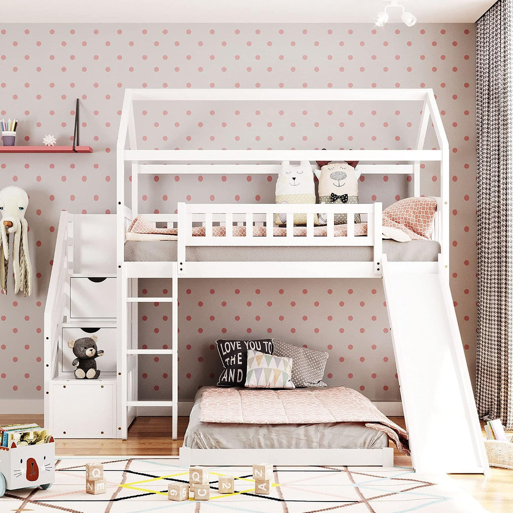 Twin Over Twin Bunk Beds with Slide and Storage Steps, Bunk Bed for Kids Toddlers, Playhouse Farmhouse Roof Guardrail Ladder 2 Drawers, for Girls/Boys, No Spring Box Required (White+Storage Steps)