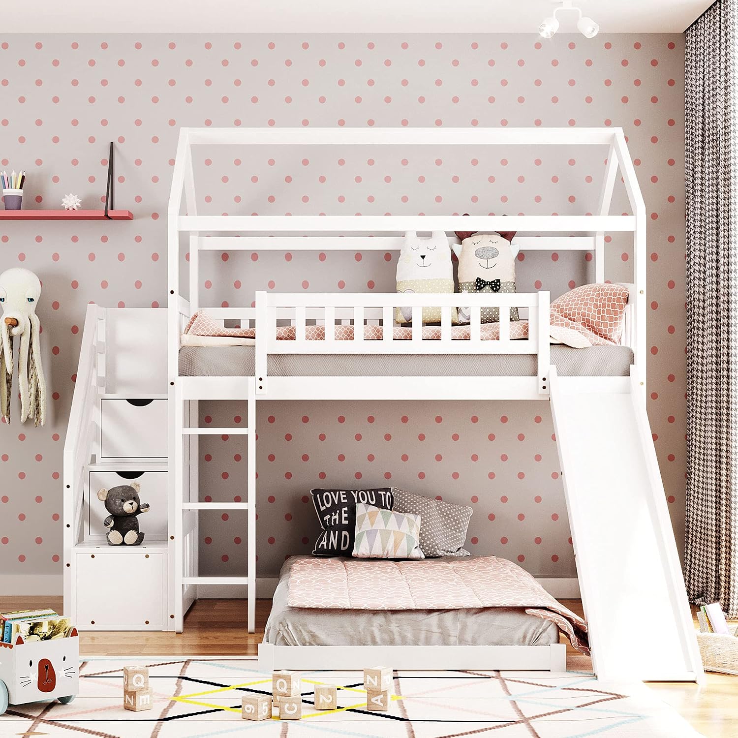 Twin Over Twin Bunk Beds with Slide and Storage Steps, Bunk Bed for Kids Toddlers, Playhouse Farmhouse Roof Guardrail Ladder 2 Drawers, for Girls/Boys, No Spring Box Required (White+Storage Steps)