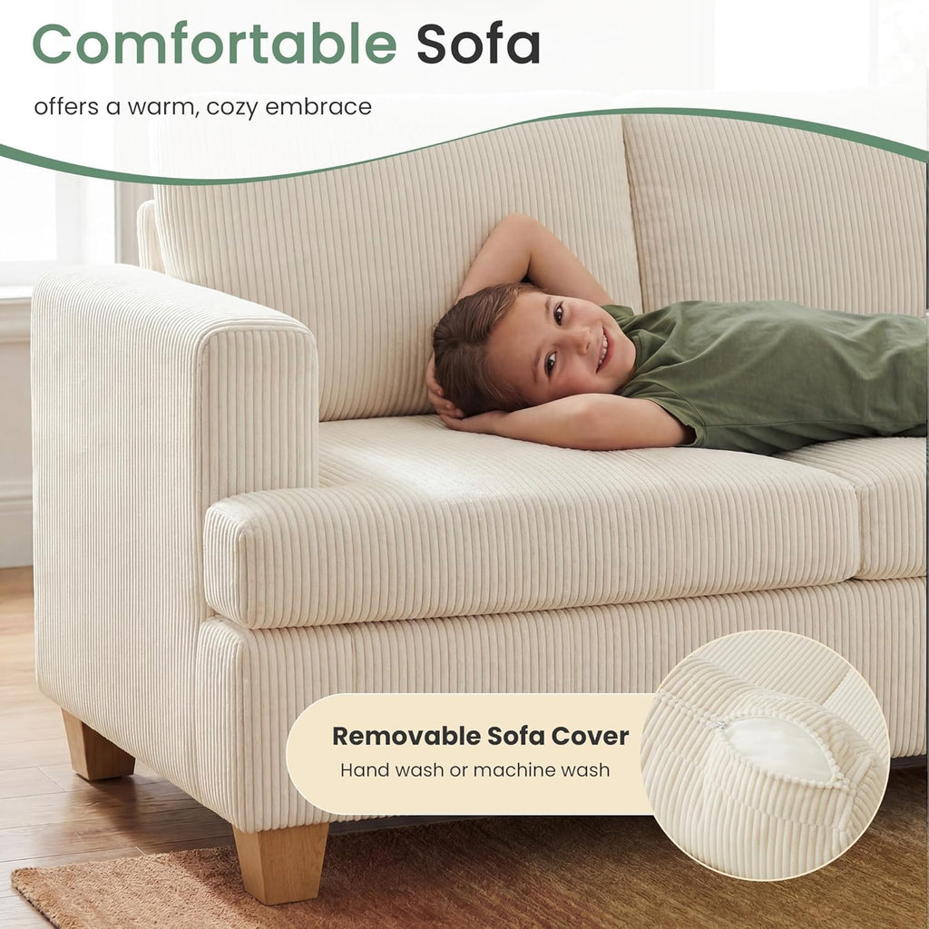 Fiona's magic 89' White Corduroy Couch for Living Room, 3 Seater Cloud Sofa, Deep Seat Floor Couch for Bedroom, Futon Modern Sofa Bed, White Corduroy