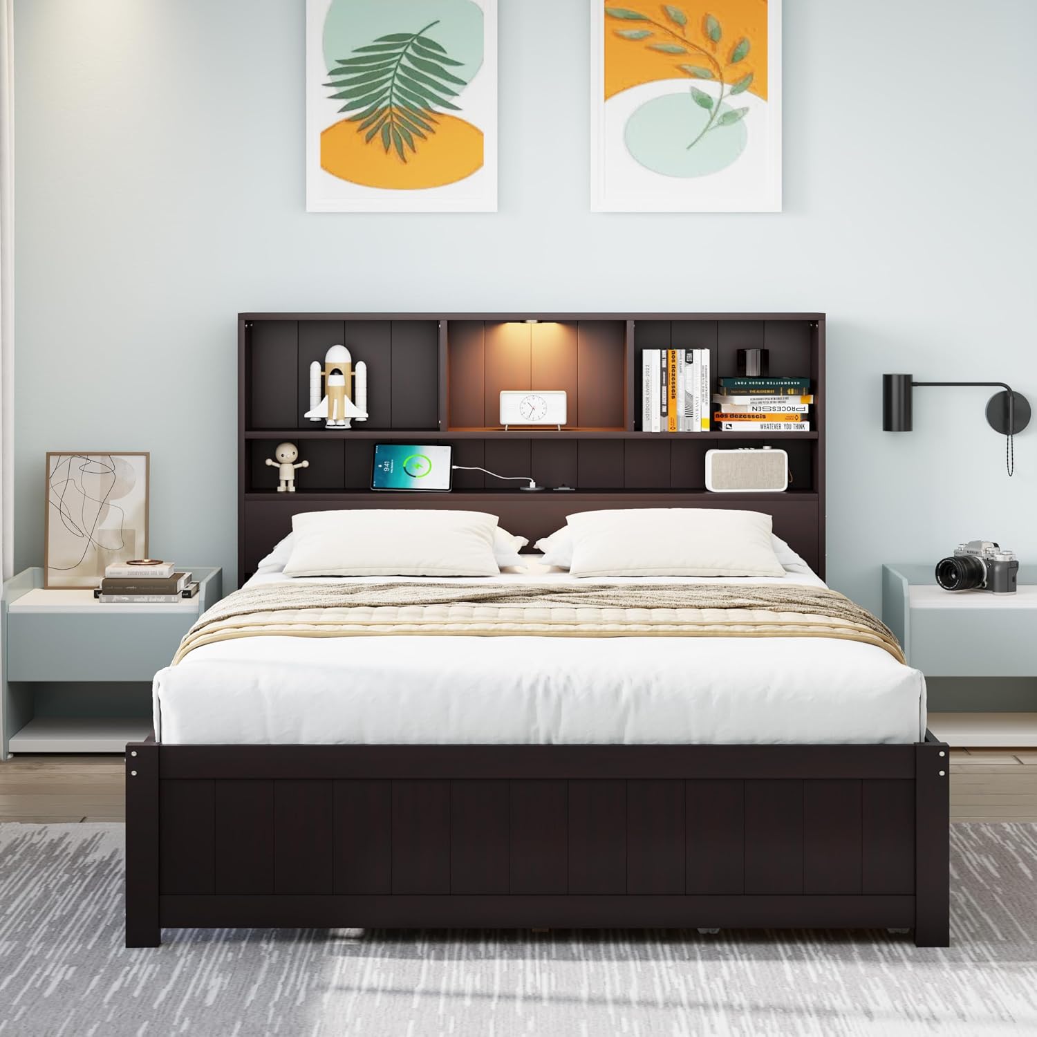 LUMISOL Twin Bed Frames with Charging Station and LED Lights, Wood Platform Bed with Bookcase Headboard and 2 Drawers, No Box Spring Needed, Espresso