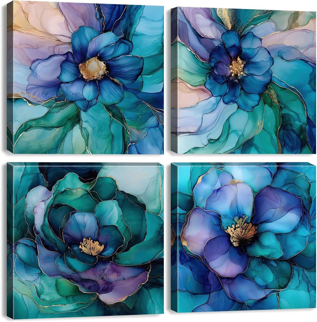 Abstract Wall Art Teal Blue and Gold Pictures Wall Decor Turquoise Floral Painting Colorful Flower Canvas Prints Poster Modern Abstract Artwork for Bedroom Living Room Home Decoration 24x24' 4Pcs