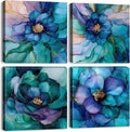 Abstract Wall Art Teal Blue and Gold Pictures Wall Decor Turquoise Floral Painting Colorful Flower Canvas Prints Poster Modern Abstract Artwork for Bedroom Living Room Home Decoration 24x24' 4Pcs