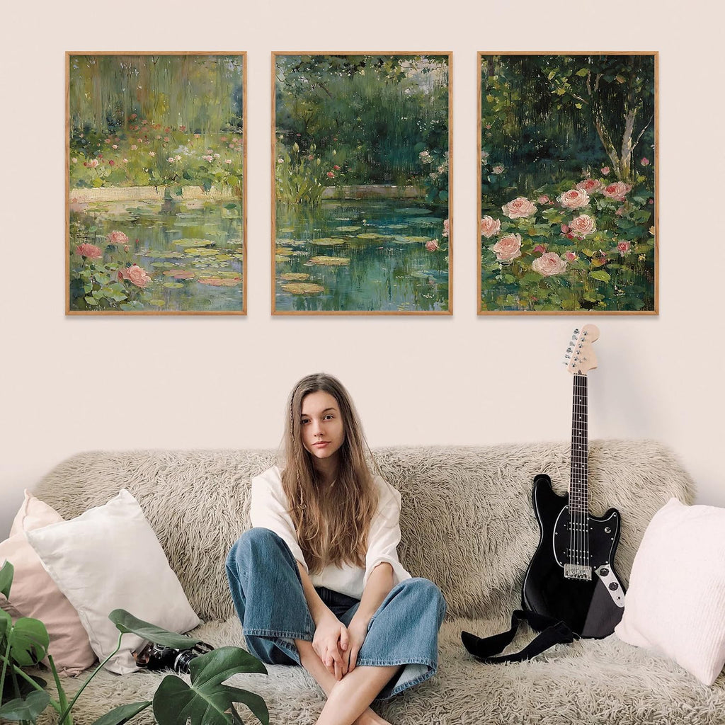 FWIEXA Monet Floral Framed Canvas Wall Art Set, Impressionist Botanical Garden Wall Decor, Vintage Ponds Tree Plant Artwork, Nature Landscape Prints for Living Room, Bedroom - Size 24'x36'x3