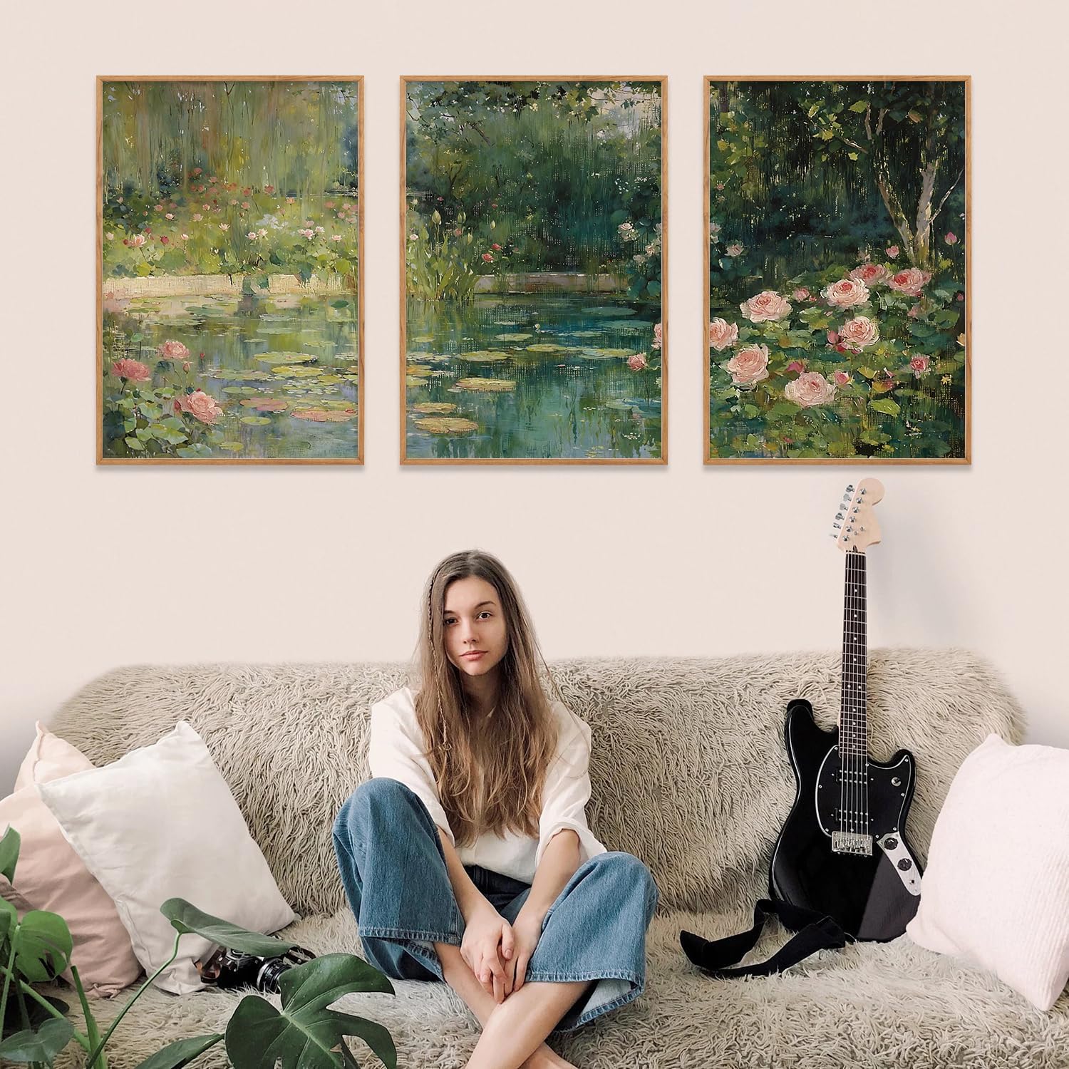 FWIEXA Monet Floral Framed Canvas Wall Art Set, Impressionist Botanical Garden Wall Decor, Vintage Ponds Tree Plant Artwork, Nature Landscape Prints for Living Room, Bedroom - Size 24'x36'x3