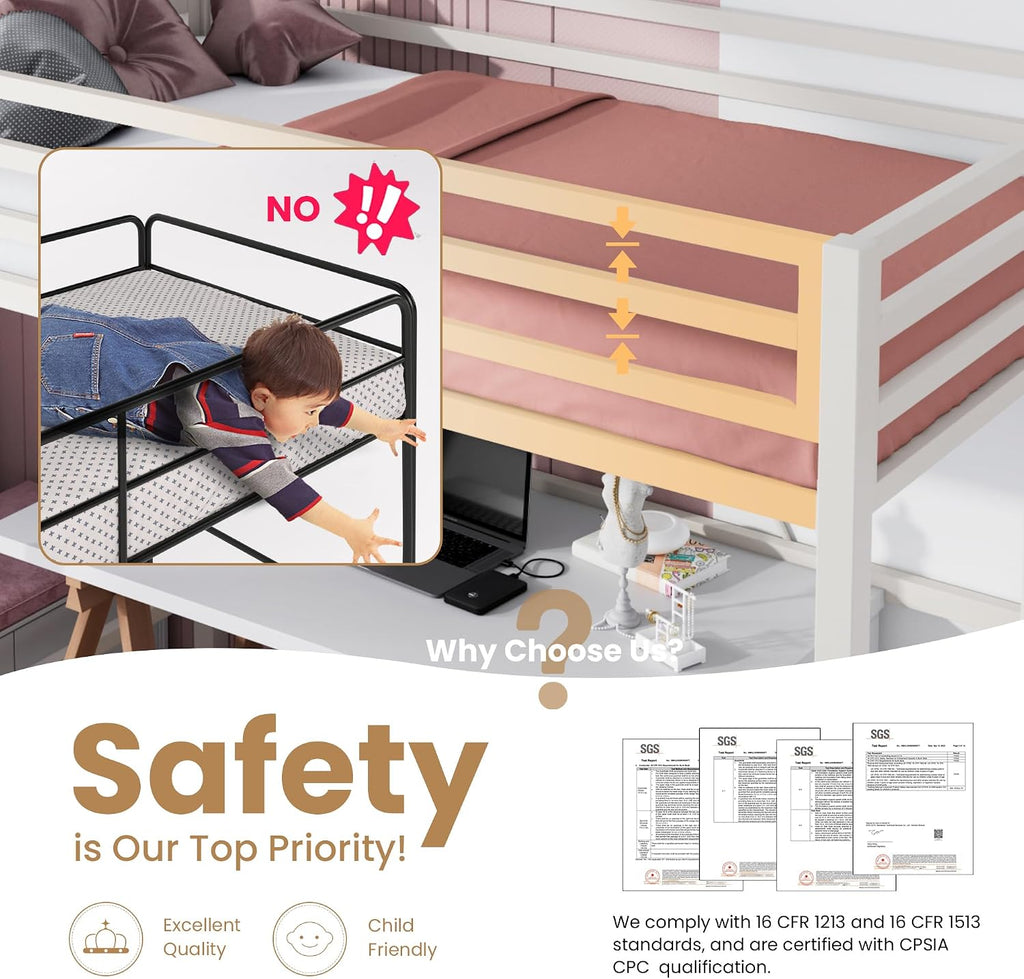 SHA CERLIN Loft Bed Twin Size with Ladder and Guardrail,Heavy Duty Metal Slats Support No Box Spring Needed Small Space Saving Furniture for Bedroom Dorm,White