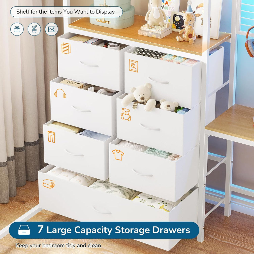 Twin Loft Bed with L-Shaped Desk, 7 Storage Drawers, Metal Loft Bed Twin Size with LED Lights and Charging Station, Storage Shelf and Pegboard, Safety Guardrail and Ladder, No Box Spring Needed, White