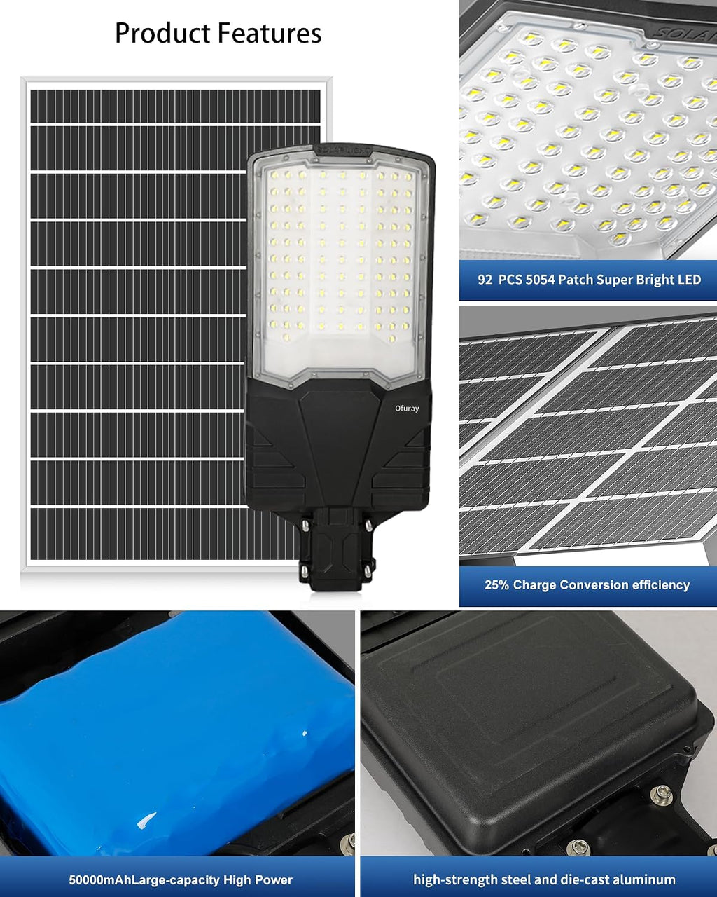Ofuray OL-10000W Solar Street Lights Outdoor,Ultra High Power Solar Security Flood Lights Parking Lot Lights Commercial Dusk to Dawn,IP67 6500k Led with Remote for Street,Court,Barn