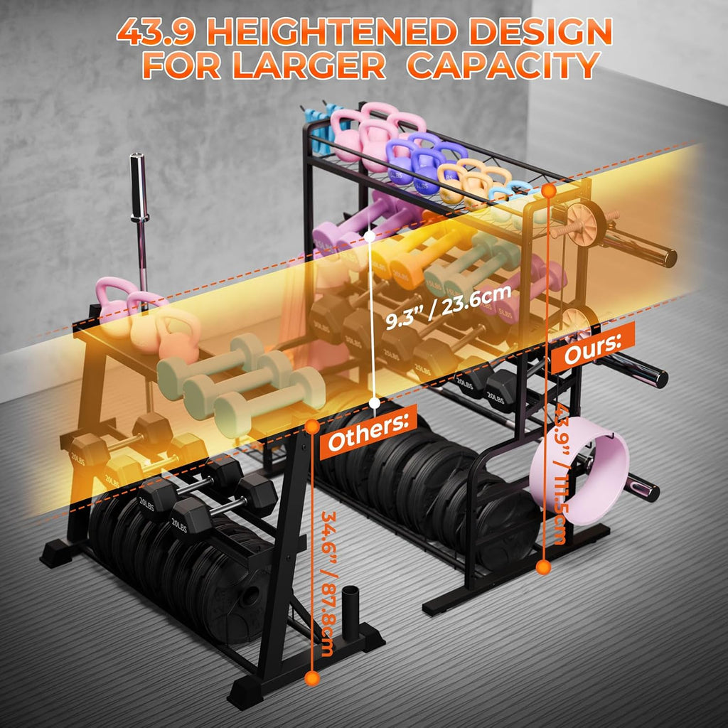 XL Adjustable Weight Rack for Dumbbells - Barbell Holder Bumper Plate Storage Rack with 3 Olympic Bar Racks, Dumbbell Rack Weight Stand,Home Gym Storage Rack for kettlebells,Yoga Mat