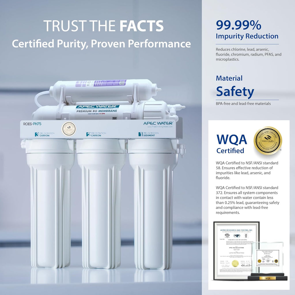 APEC Water ROES-PH75LD 6-Stage Alkaline Under Sink Reverse Osmosis Water Filter System, NSF Certified 372, 75 GPD, Reduces 99% of Impurities