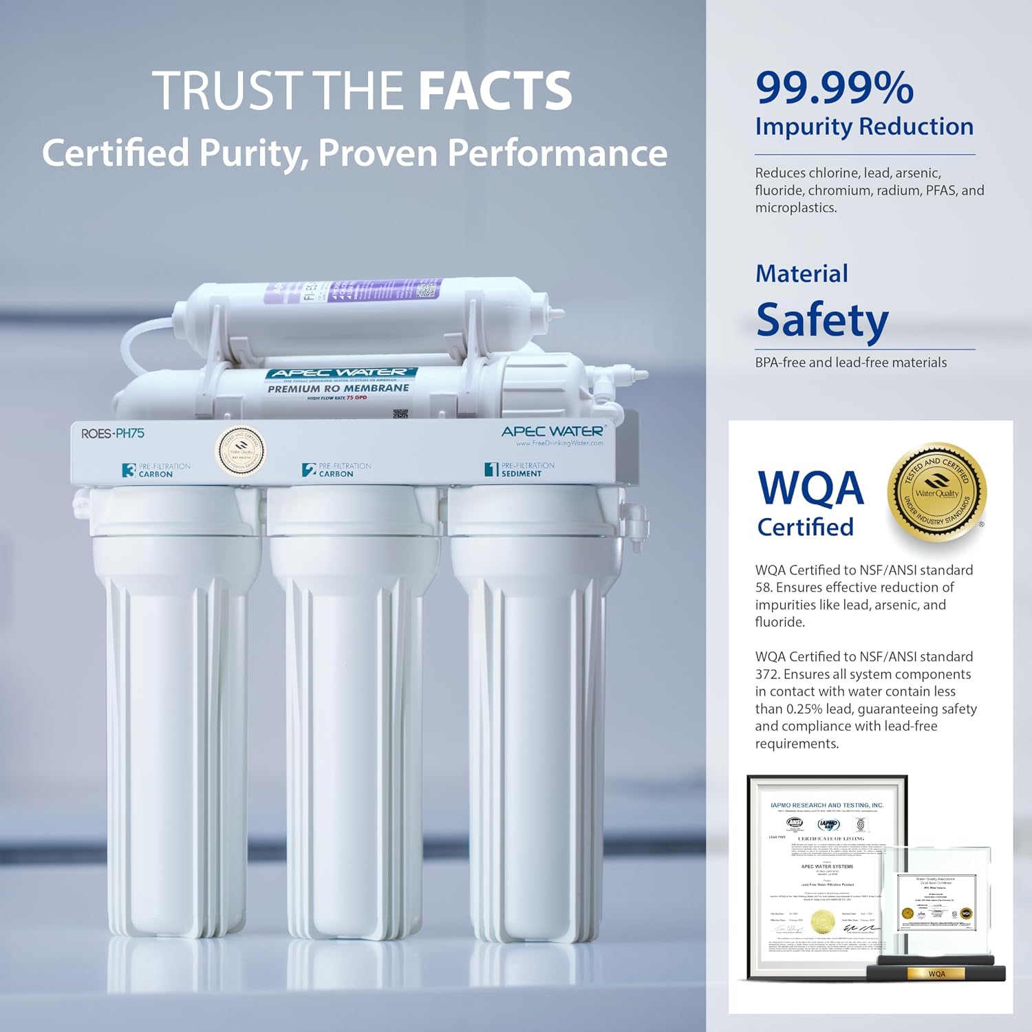 APEC Water ROES-PH75LD 6-Stage Alkaline Under Sink Reverse Osmosis Water Filter System, NSF Certified 372, 75 GPD, Reduces 99% of Impurities