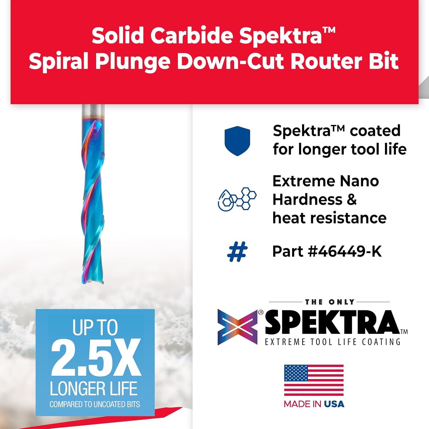 Amana Tool 46449-K SC Spektra Extreme Tool Life Coated Spiral Plunge 3/8 Dia x 2 CH x 3/8 SHK 4 Inch Long Down-Cut Router Bit