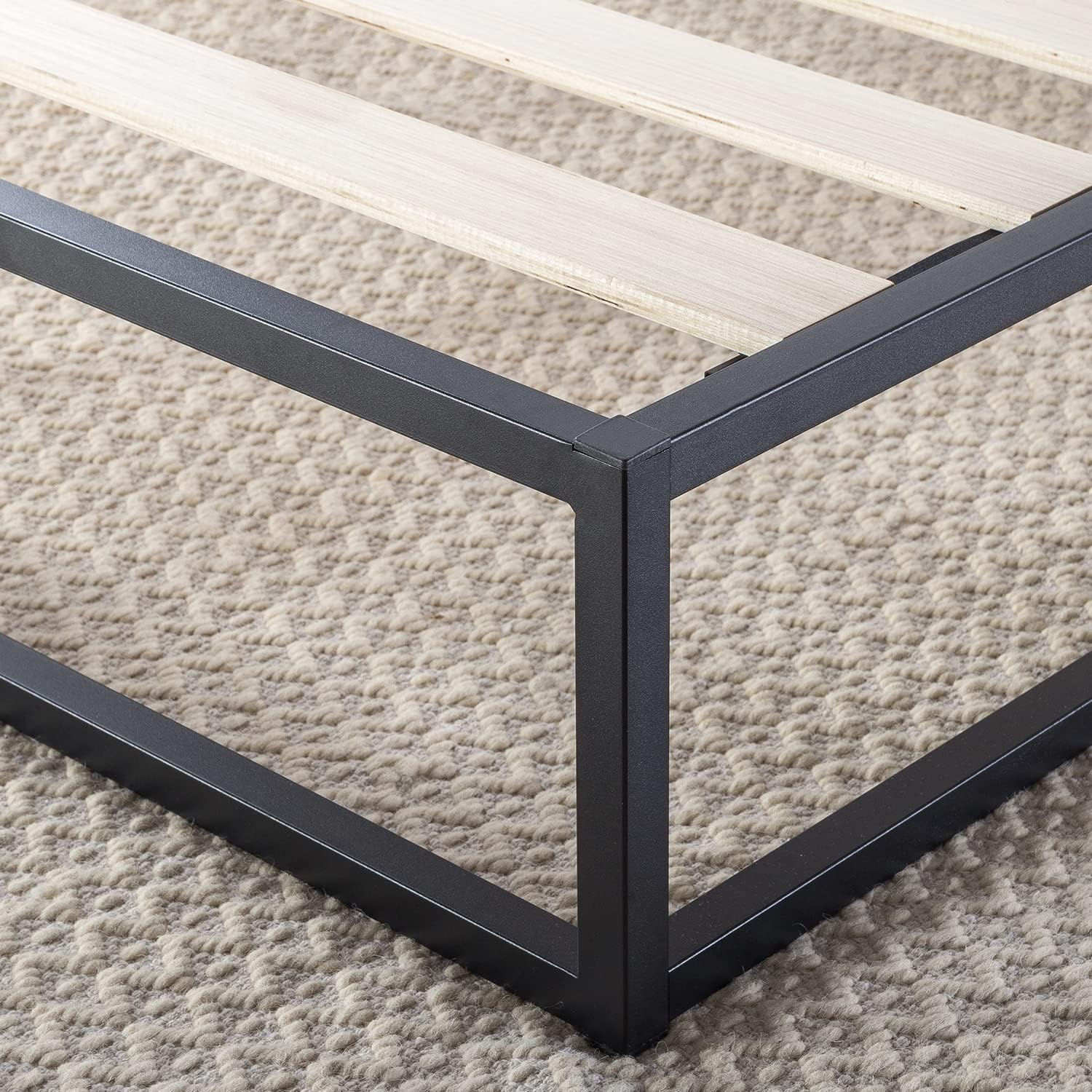 Mellow Modernista Low Profile 10 Inch Metal Platform Bed Frame with Classic Wooden Slat Support Mattress Foundation (No Box Spring Needed), King, Black