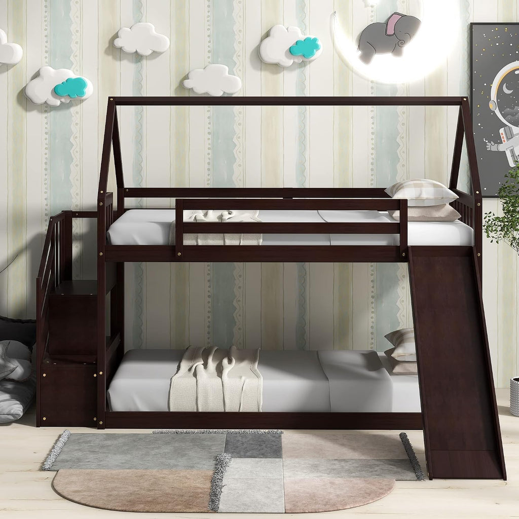 Twin Over Twin Bunk Bed with Slide for Kids Toddlers, House Bunk Bed Farm with Storage Steps and Roof Guardrail for Girls/Boys, No Spring Box Required (Espresso-Storage Steps#2)