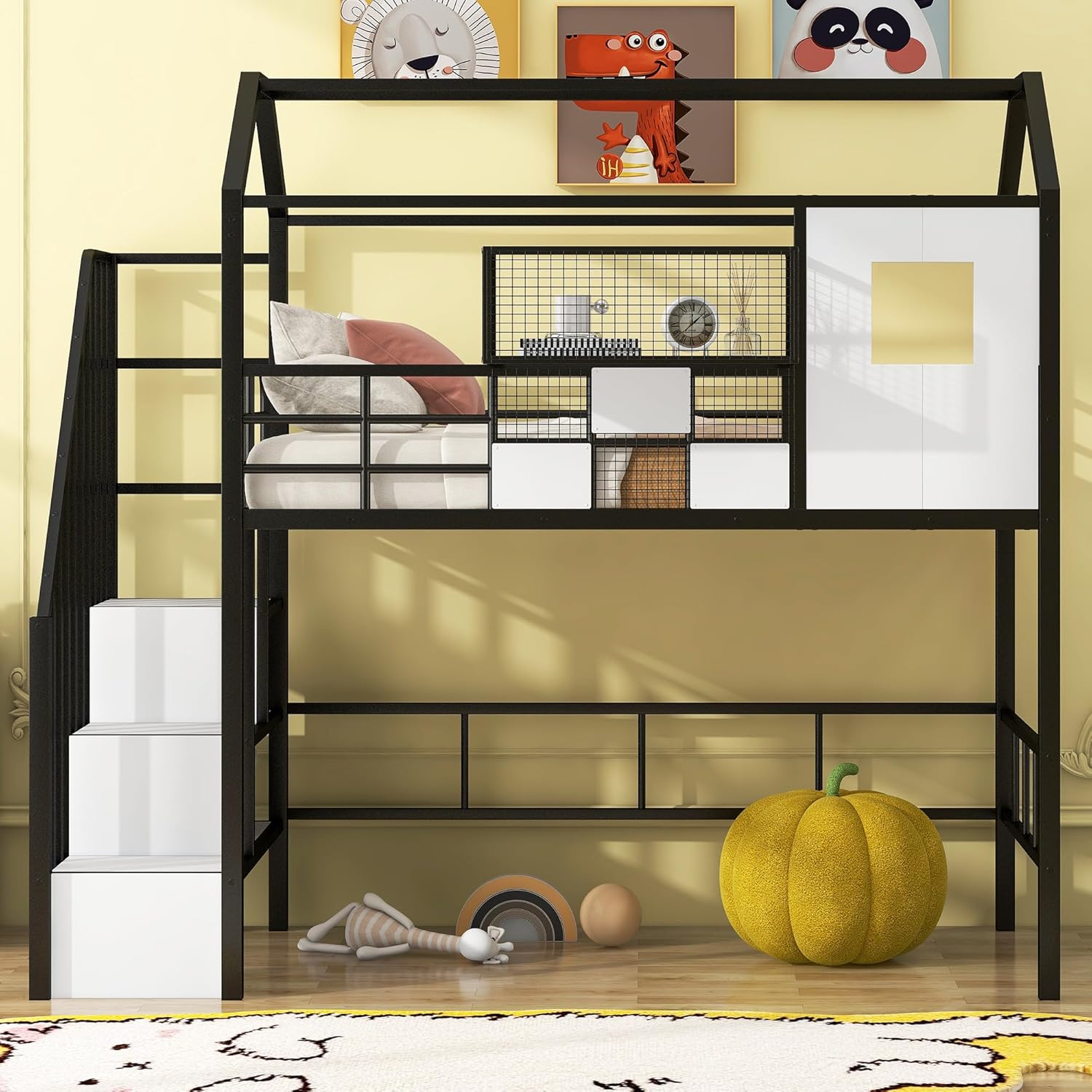 GOWE Metal Loft Bed with roof Design and a Storage Box, Twin, Black