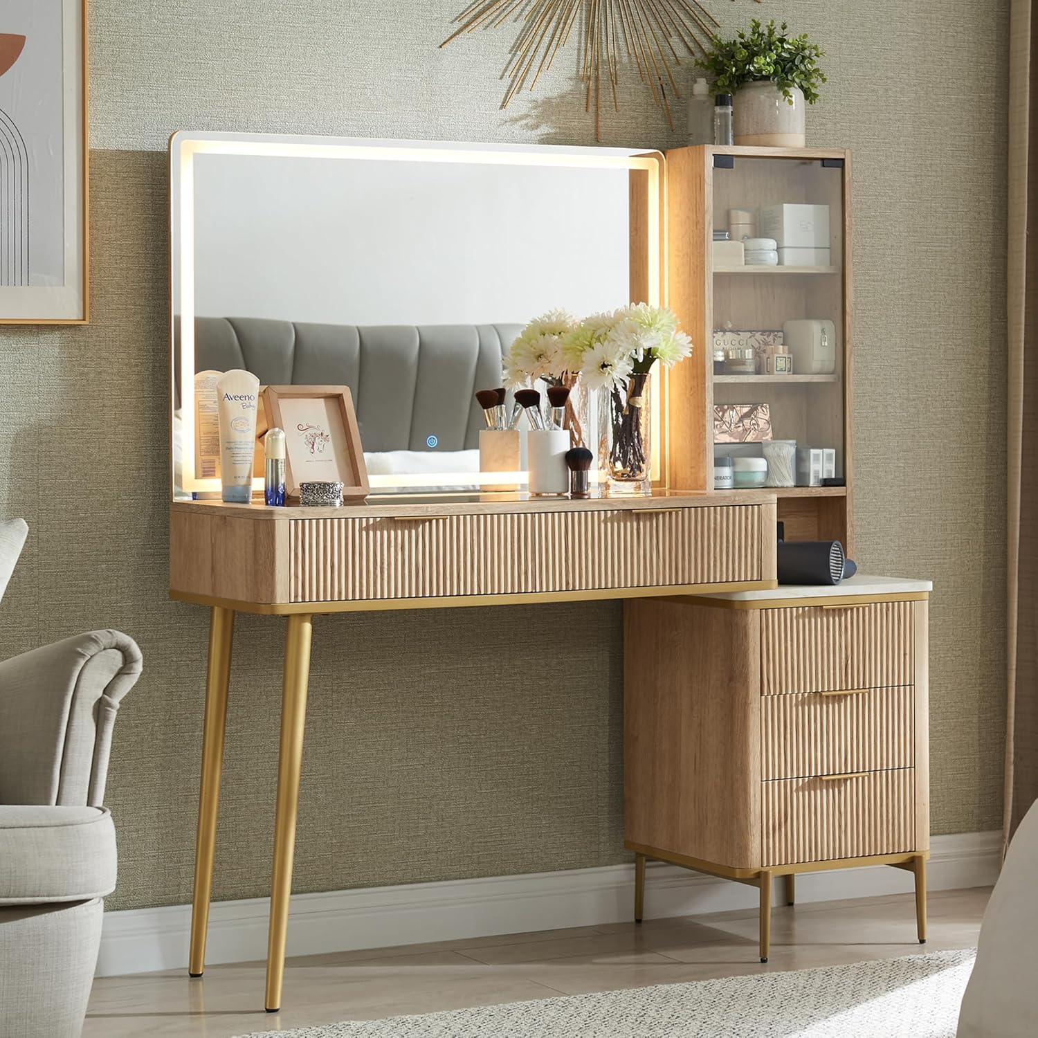 T4TREAM Fluted Makeup Vanity Desk with 36' HD Lighted Mirror, 48' Big Modern Vanity Desk with Mirror and Lights, Dressing Table with 5 Drawers & Shelves, Glass Top for Bedroom (Natural Oak)